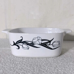 Vintage Corningware Lyrics Black Tulip Print Casserole Dish A-1.5-L USA